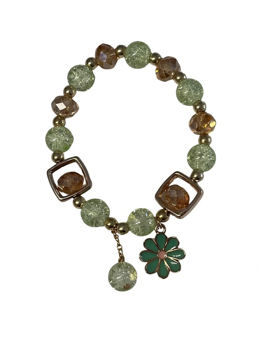 Green & Champagne Crystal Stretch Bracelet with Flower Charm